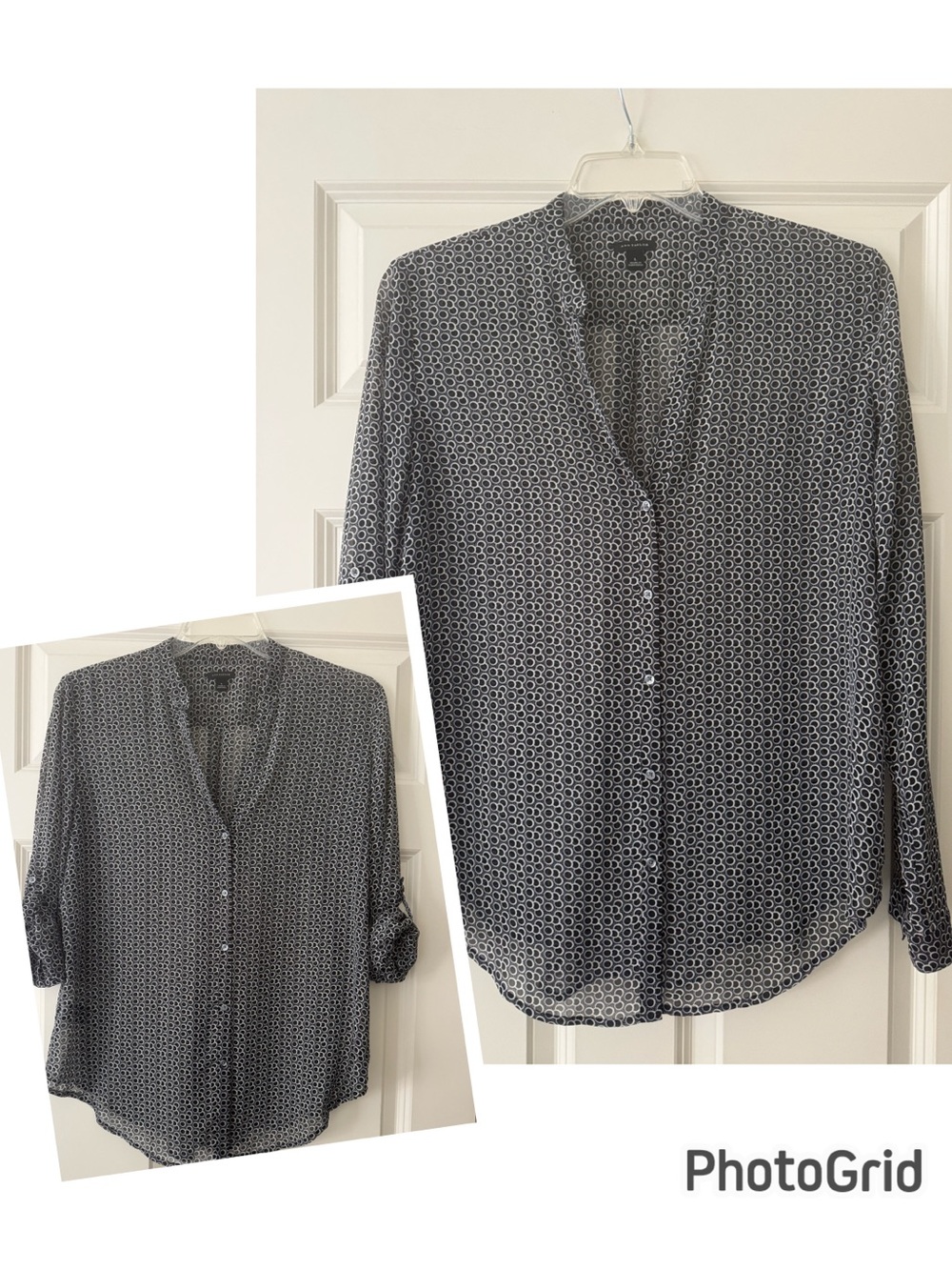 Ann Taylor Black and White Patterned Button-Up V-neck Convertible Blouse size L